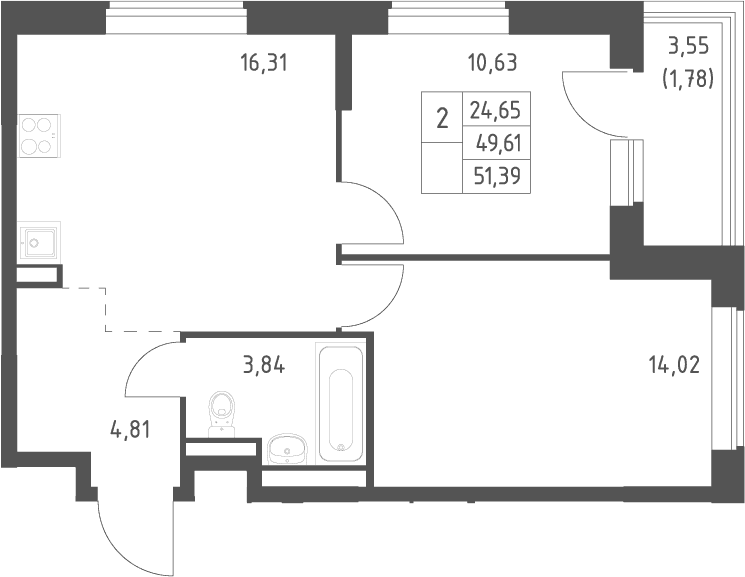 Планировка: Евротрёшка 49,6 м² в ЖК «Большое Юрлово»