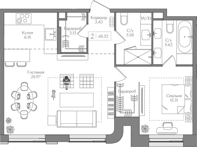 Планировка: Евродвушка 68,5 м² в ЖК «Преображенская площадь»