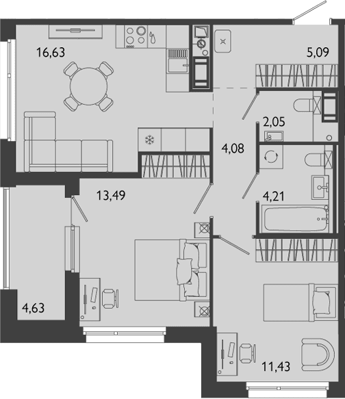 Планировка: Евротрёшка 57 м² в ЖК «Лиггат»