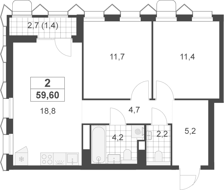 Планировка: Евротрёшка 58,2 м² в ЖК «Деснаречье»