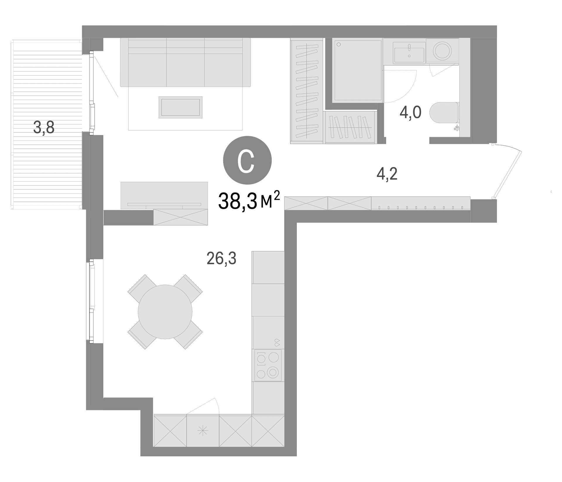Планировка: Студия 37,2 м² в ЖК «Брусника в Новоселье»