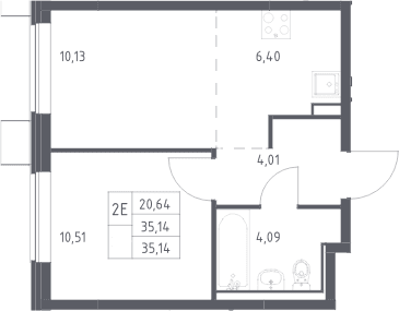 Планировка: Евродвушка 35,1 м² в ЖК «Прибрежный Парк»