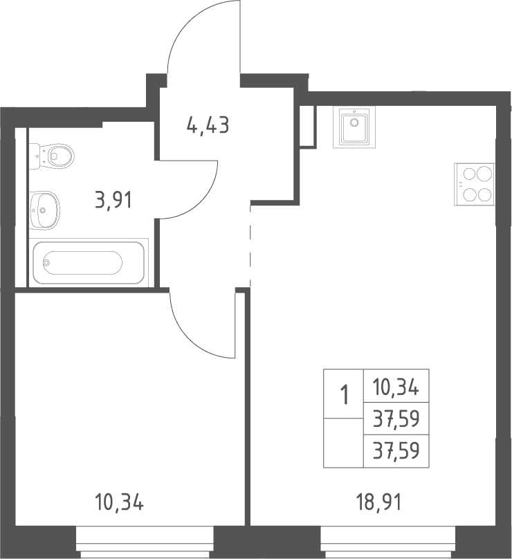 Планировка: Евродвушка 37,6 м² в ЖК «Большое Юрлово»