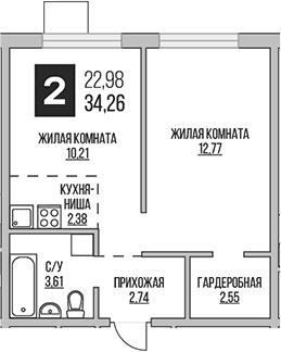 Планировка: Евродвушка 34,3 м² в ЖК «Гранель Аникеевский»