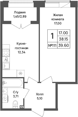Планировка: 1-комнатная квартира 38,2 м² в ЖК «Капральский берег»