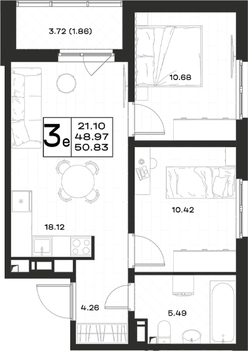 Планировка: Евротрёшка 49 м² в ЖК «Имена»