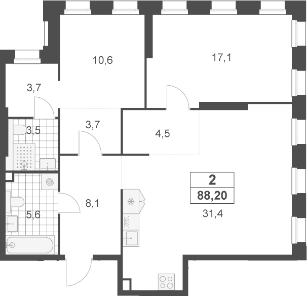 Планировка: Евротрёшка 88,2 м² в ЖК «Деснаречье»