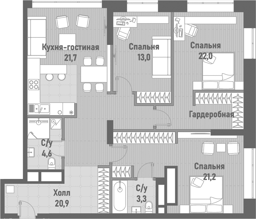 Планировка: Квартира евро-4 106,7 м² в ЖК «Ренессанс»