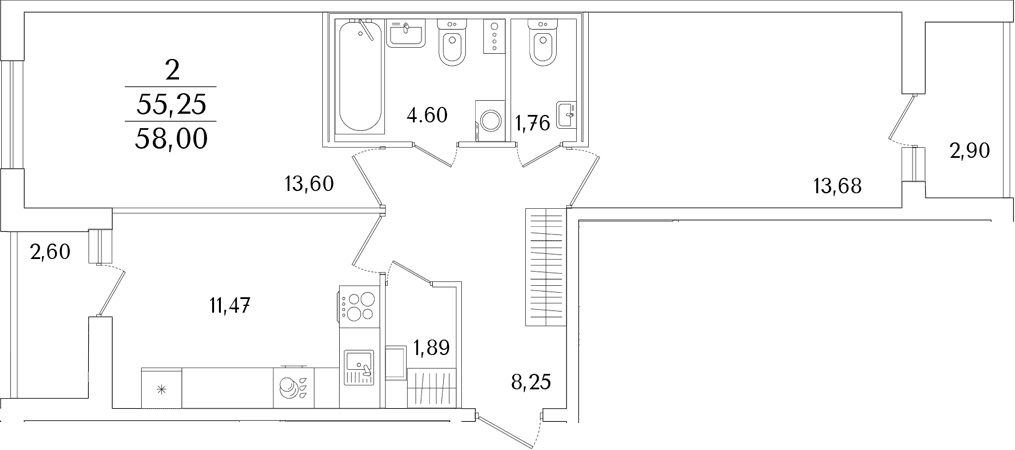 Планировка: 2-комнатная квартира 55,3 м² в ЖК «Кинопарк»
