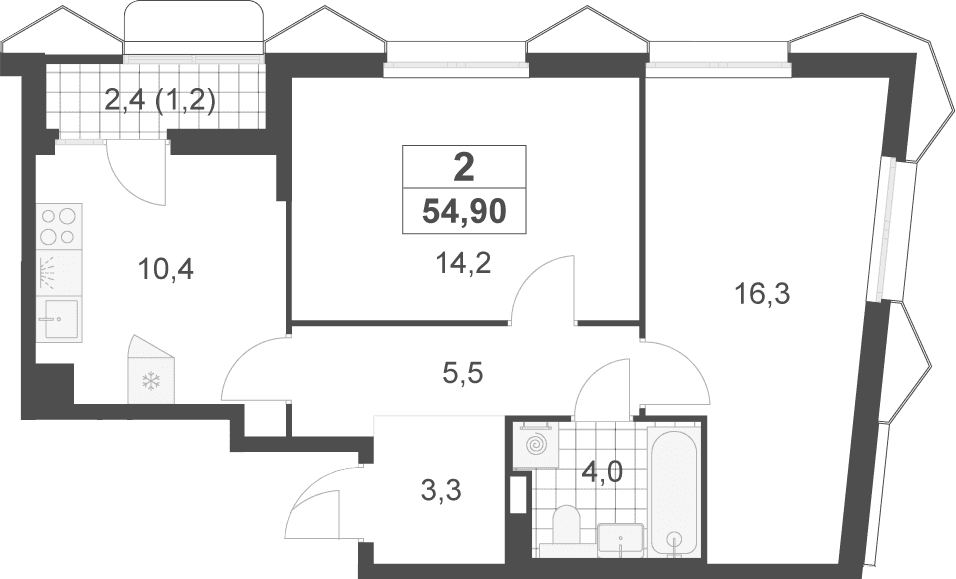 Планировка: 2-комнатная квартира 53,7 м² в ЖК «Деснаречье»