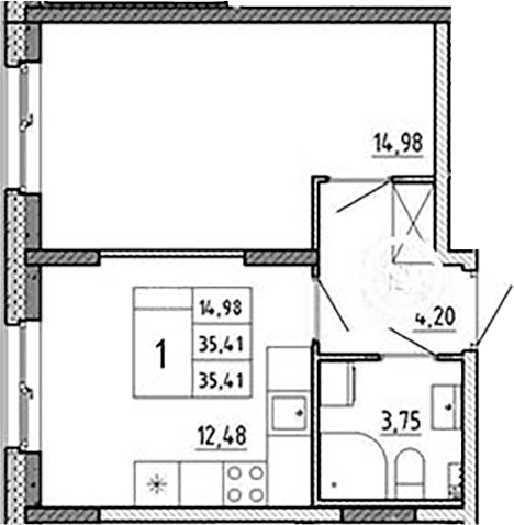 Планировка: 1-комнатная квартира 35,4 м² в ЖК «Аннино Сити»