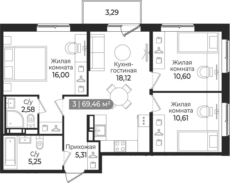 Планировка: Квартира евро-4 68,5 м² в ЖК «Квинта»