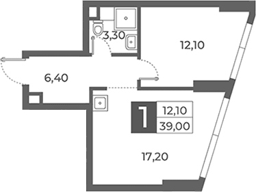 Планировка: 1-комнатная квартира 39 м² в ЖК «Даниловский от Гранель»
