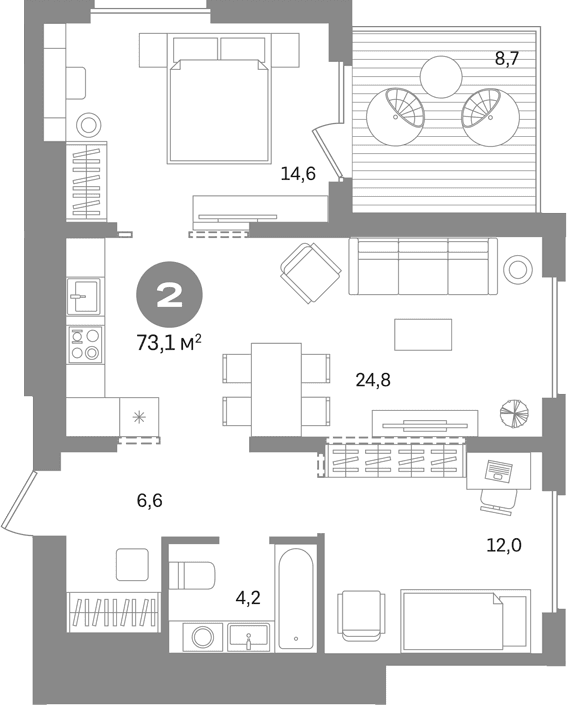 Планировка: 2-комнатная квартира 64,4 м² в ЖК «Первый квартал. Вторая очередь»