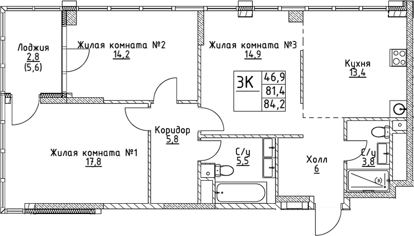 3-комнатная квартира