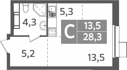 Планировка: Студия 28,3 м² в ЖК «Ново-Молоково»
