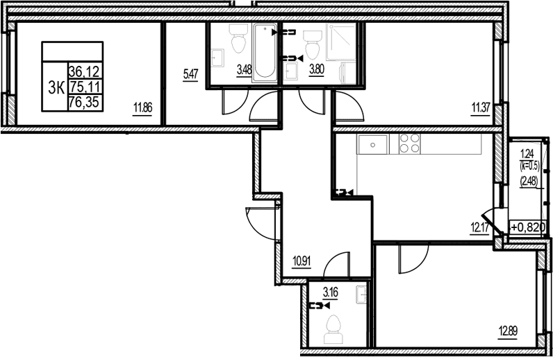 Планировка: 3-комнатная квартира 75,1 м² в ЖК «ID Murino III»