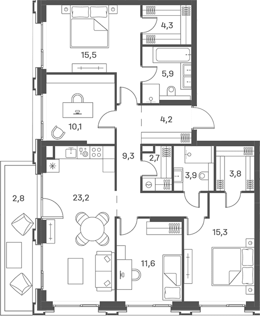 Планировка: Квартира евро-5 109,8 м² в ЖК «Портленд»