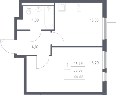 Планировка: 1-комнатная квартира 35,4 м² в ЖК «Горки Парк»