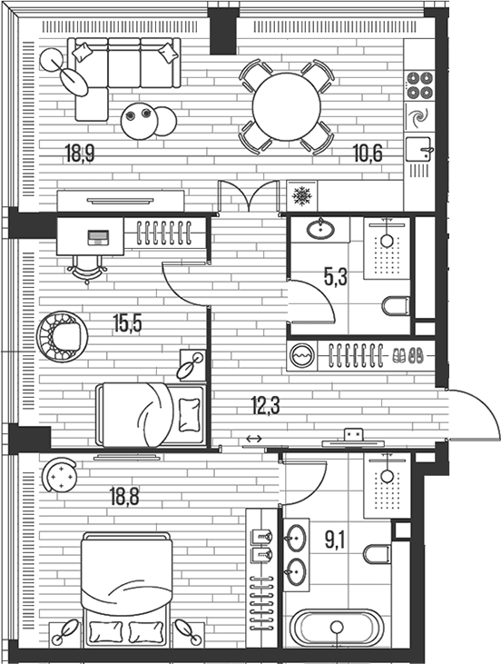 Планировка: Евротрёшка 90,5 м² в ЖК «HIGH LIFE»