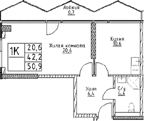 Планировка: 1-комнатная квартира 42,2 м² в ЖК «Наметкин Тауэр»