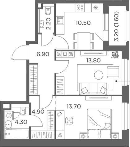 Планировка: 2-комнатная квартира 56,3 м² в ЖК «Белый Град»