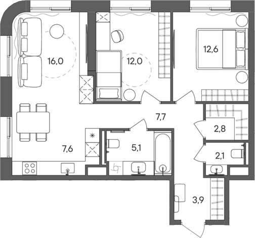 Планировка: Евротрёшка 69,8 м² в ЖК «СТОУН Сокольники»