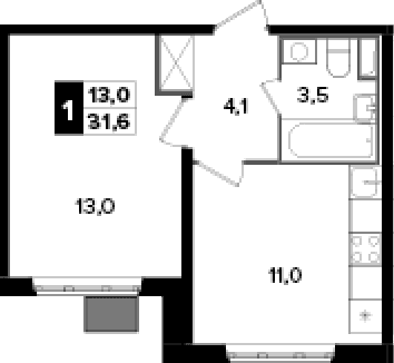 Планировка: 1-комнатная квартира 31,6 м² в ЖК «Южная Битца»