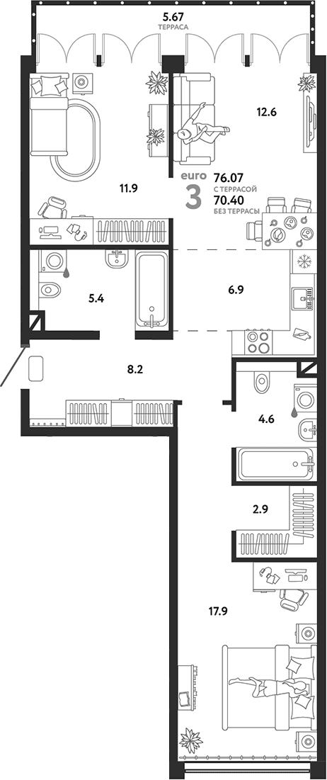 Планировка: Евротрёшка 70,4 м² в ЖК «Страна.Озерная»