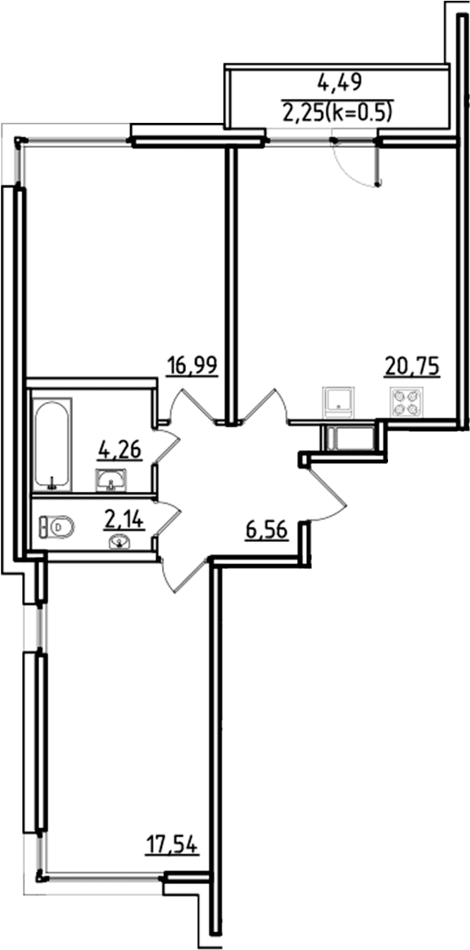 Планировка: Евротрёшка 68,2 м² в ЖК «ИСКРА-Сити»