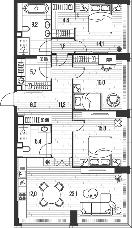 Планировка: Квартира евро-4 124,8 м² в ЖК «HIGH LIFE»
