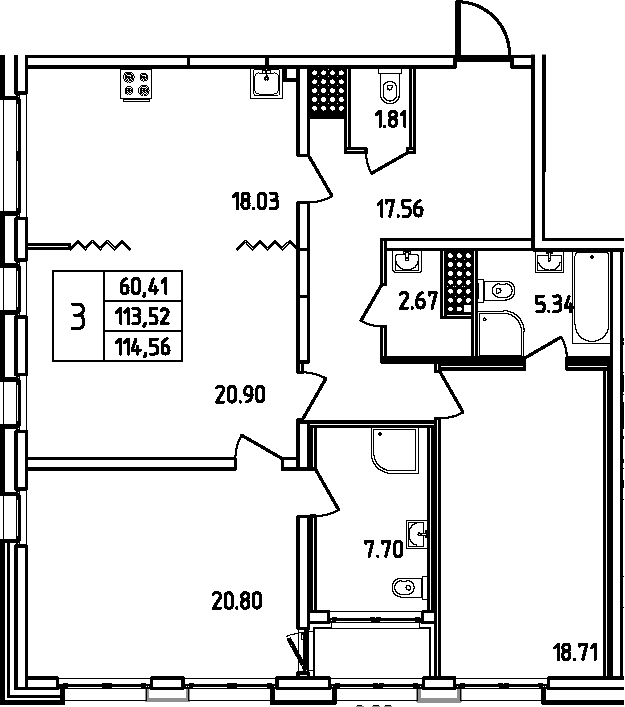 Планировка: Квартира евро-4 113,5 м² в ЖК «Дефанс»