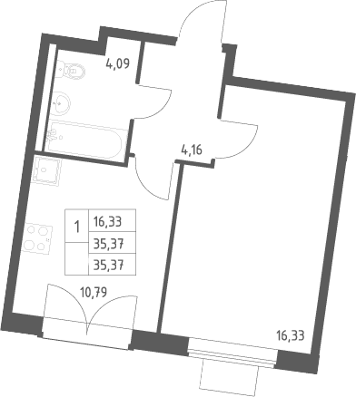 Планировка: 1-комнатная квартира 35,4 м² в ЖК «Квартал Западный»