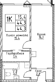 Планировка: 1-комнатная квартира 44,3 м² в ЖК «Наметкин Тауэр»