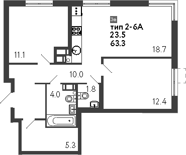 Планировка: Евротрёшка 63,3 м² в ЖК «Струны»