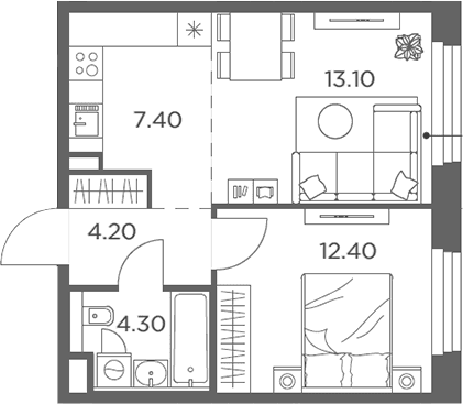 Планировка: Евродвушка 41,4 м² в ЖК «Белый Град»