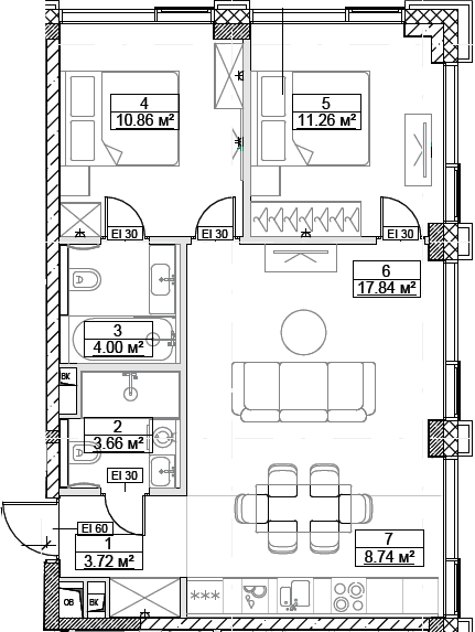 Планировка: Евротрёшка 60,1 м² в ЖК «Сити Бэй»