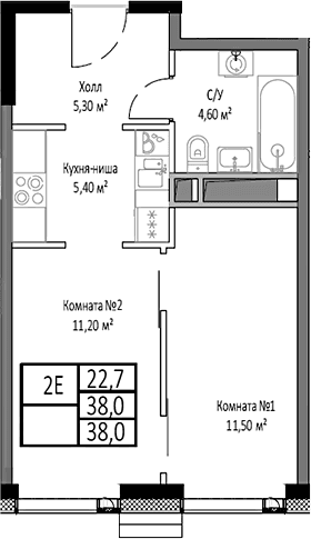 Планировка: Евродвушка 38 м² в ЖК «Мираполис»