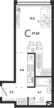 Планировка: Студия 27,6 м² в ЖК «Страна.Озерная»