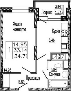 Планировка: 1-комнатная квартира 34,4 м² в ЖК «Клевер»