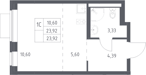 Планировка: Студия 23,9 м² в ЖК «Новое Видное»