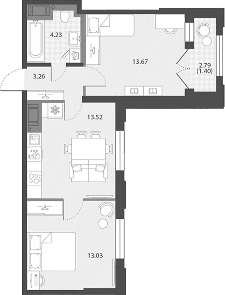 Планировка: Евротрёшка 47,7 м² в ЖК «Цивилизация на Неве»