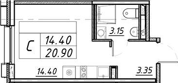 Планировка: Студия 20,9 м² в ЖК «АВЕНЮ-АПАРТ ПУЛКОВО»
