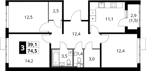 Планировка: 3-комнатная квартира 73 м² в ЖК «1-й Шереметьевский»