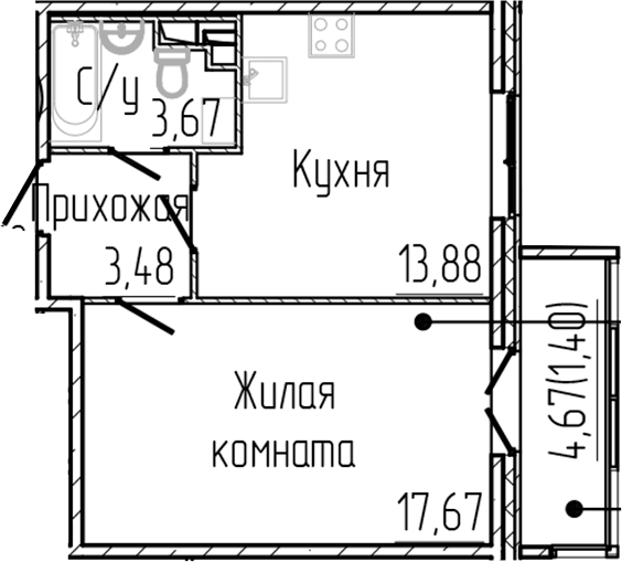 Планировка: 1-комнатная квартира 38,7 м² в ЖК «Сертолово Парк»