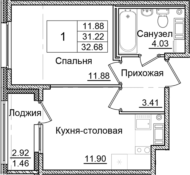 Планировка: 1-комнатная квартира 31,2 м² в ЖК «Квартал Заречье»