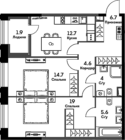 Планировка: 2-комнатная квартира 67,3 м² в ЖК «ЭРА»