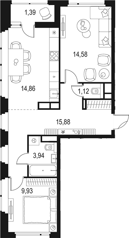 Планировка: 2-комнатная квартира 60,3 м² в ЖК «Левел Лесной»