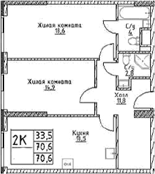 Планировка: 2-комнатная квартира 70,6 м² в ЖК «Наметкин Тауэр»