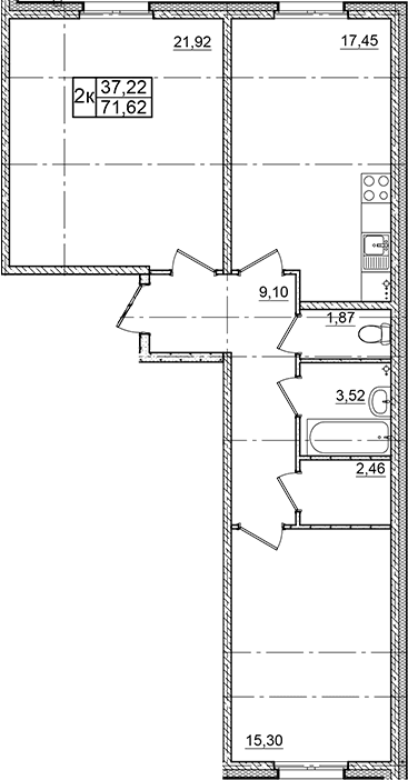 Планировка: Евротрёшка 71,6 м² в ЖК «Granholm Village»